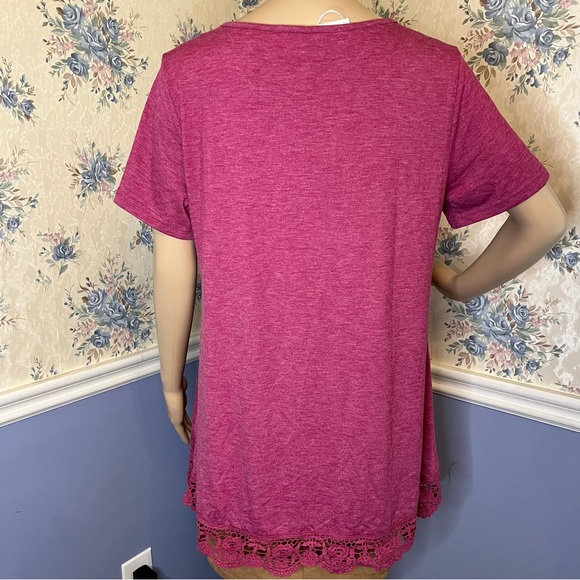 QIXING Short Sleeve Lace Trim Flower Top Red Tunic Blouse, Size L, NWT - Picture 3 of 10